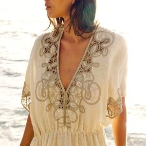 Zara Cream Limited Edition Linen Blend Embroidered Maxi Dress